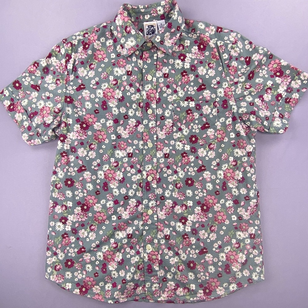 Kennington Floral Button Down Men Med Blue Pink Short Sleeve Cotton Retro Cali